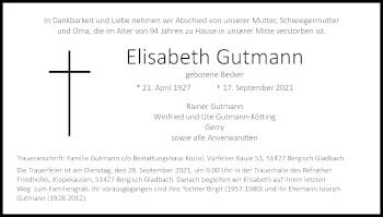 Traueranzeigen Von Elisabeth Gutmann Wirtrauern