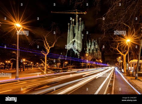 Passionsfassade Der Basilika Sagrada Familia Bei Nacht Barcelona