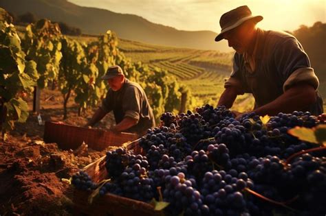 Premium AI Image | farmers picking grapes from a vineyard at sunset.