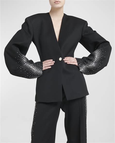 The Attico Strass Embellished Curved Sleeve Single Breasted Blazer