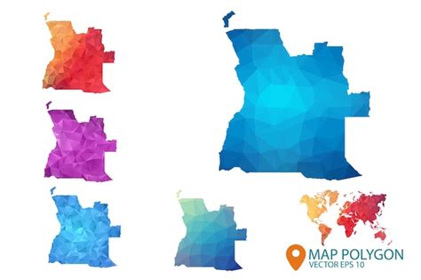 기하학적 Rumpled 삼각형 낮은 폴리 스타일 그라데이션 그래픽 배경의 앙골라 지도 세트 프리미엄 벡터