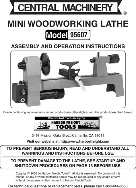 Harbor Freight 8 In X 12 1 3 Hp Benchtop Wood Lathe Product Manual