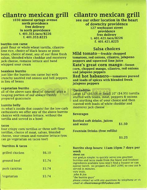 Menu of Cilantro Mexican Grill in Providence, RI 02903