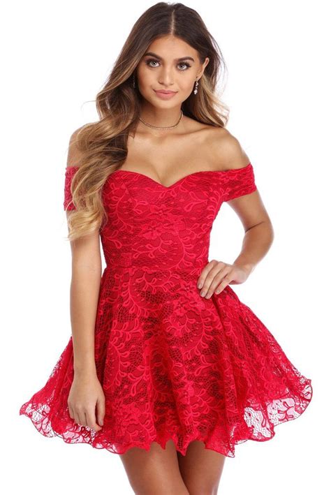 Her Gorgeous Red Strapless Drop Shoulder Lace Skater Dress Lace