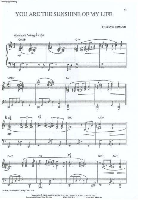 Stevie Wonder You Are The Sunshine Of My Life Sheet Music Pdf