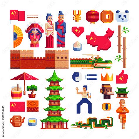 Chinese tradition elements. Icons set. 80s style. Pixel art. Asian ...