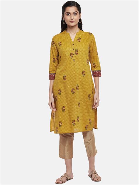 Buy Rangmanch By Pantaloons Women Mustard Yellow Ethnic Motifs Printed Pure Cotton Kurta