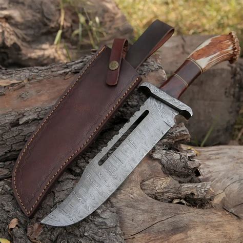 Handmade Damascus Steel Hunting Bowie Rambo Knife With Deer Stag Antler