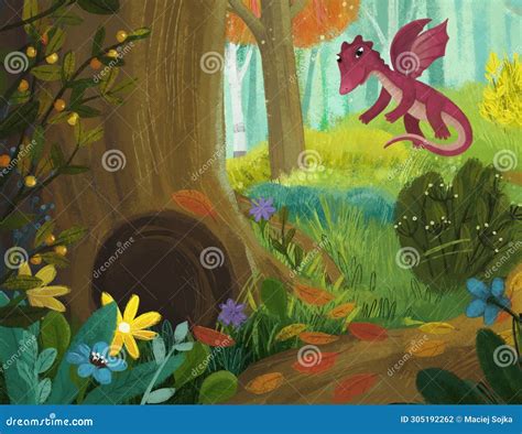 Cartoon Scene With Dragon Lizard With Magicaly Looking Meadow In The