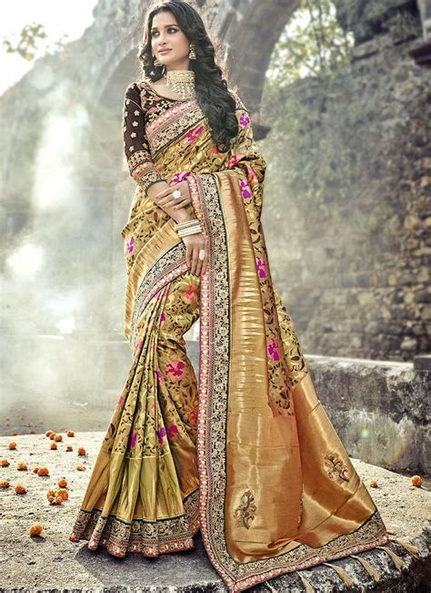 Buy Gold And Brown Color Pure Banarasi Silk Wedding Wear Saree In Uk