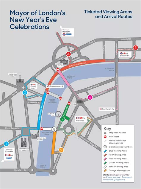 Map shows London New Year's Eve fireworks viewing areas and arrival