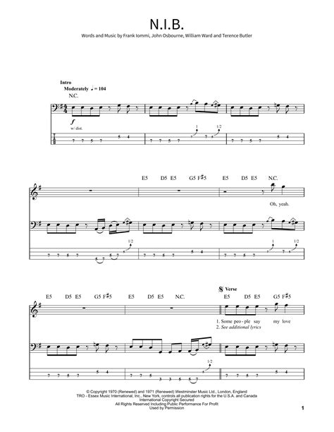 N I B By Black Sabbath Sheet Music For School Of Rock Bass Guitar At