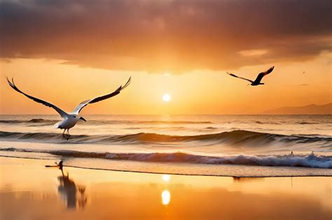 Premium AI Image | birds flying over the ocean at sunset