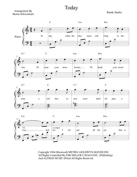 Today Arr Bernie Schweickart By Randy Sparks Sheet Music For Piano Vocal And Guitar Chords At