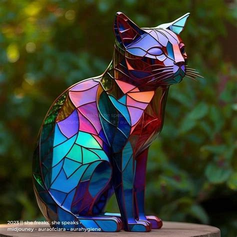 A Colorful Stained Glass Cat Sitting On Top Of A Wooden Stump In Front