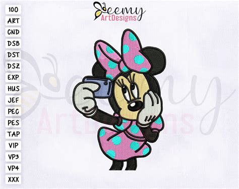 Minnie Mouse Taking Selfie Embroidery Design 4x4 Hoop Design Minnie Taking Selfie Embroidery