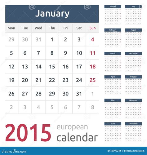 Europeo Simple Calendario Del Vector De 2015 Años Ilustración Del