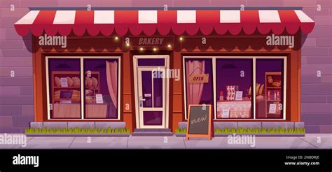 Bakery Shop Facade With Large Windows And Door Vector Cartoon