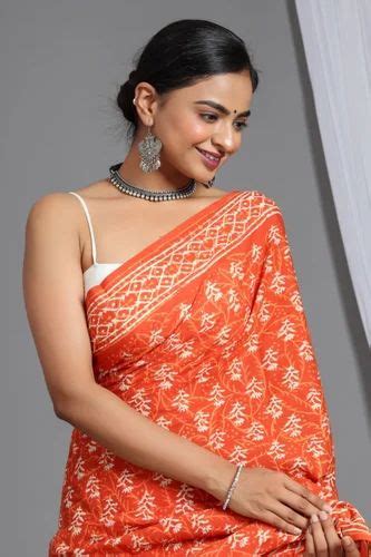 Orange Printed Cotton Saree M With Blouse Piece At Best Price In