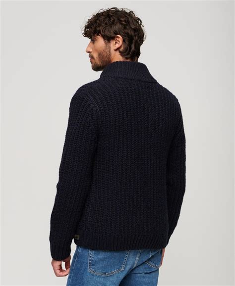 Homme Cardigan zippé en maille épaisse Bleu Marine Noir Twist