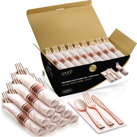 Amazon Rose Gold Plastic Silverware 50 Pre Rolled Napkin And