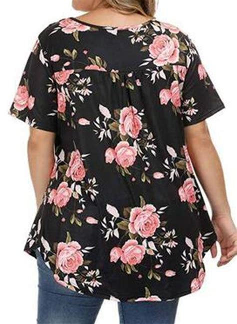 Floral V Neckline Casual Shift Blouses Short Sleeve Plus Blouses Bendress