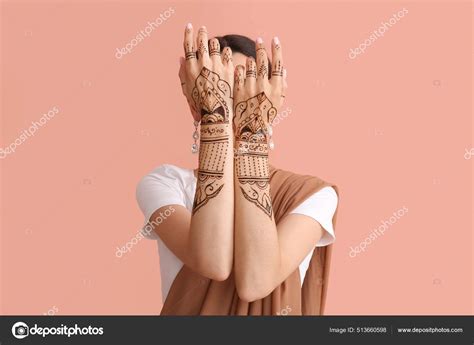 Beautiful Indian Woman Henna Tattoo Color Background Stock Photo By