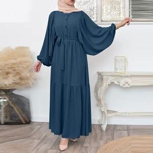 Elegant Long Puff Sleeve Muslim Shirt Dress Women Casual Belted Jilbab