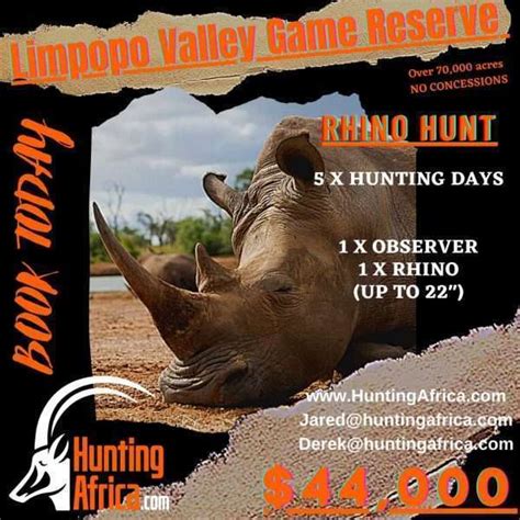 Limpopo Valley Game Reserve Rhino Hunt Package 5 Days 1 Hunter 1