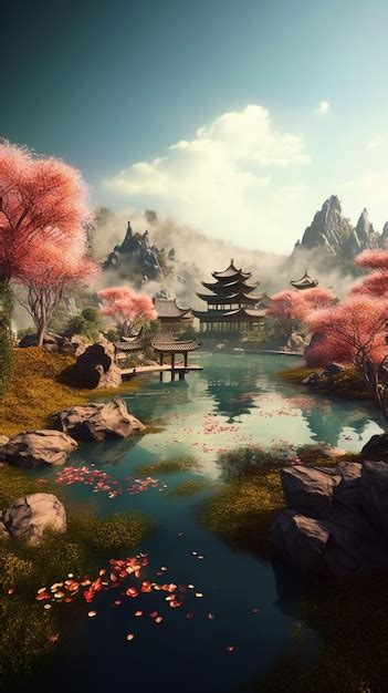 Premium AI Image | A painting of a pond with a japanese style house in the background.