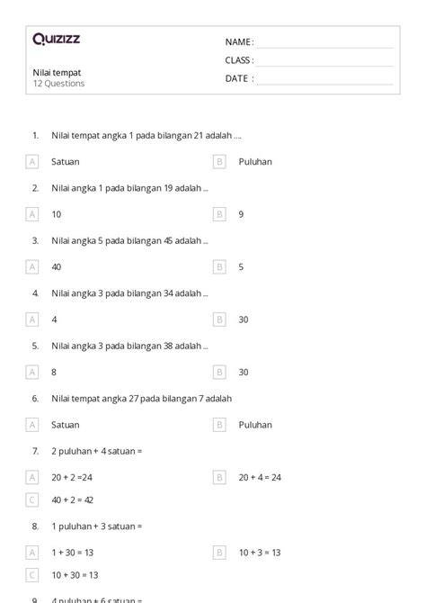 50 Lembar Kerja Nilai Tempat Desimal Untuk Kelas 1 Di Quizizz Gratis