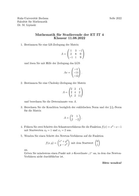 Mathe Altklausuraufgaben Ruhr Universit At Bochum Sose