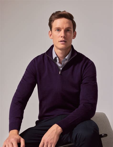 Mens Dark Purple Half Zip Merino Sweater Machine Washable Hawes