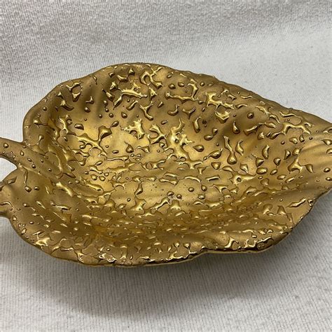 Vtg Weeping Bright Gold 22k Usa Leaf Trinket Jewelry Tray Dish Hand