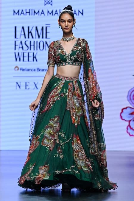 Buy Green Organza Embellished Sequin V Neck Lia Floral Lehenga Set For