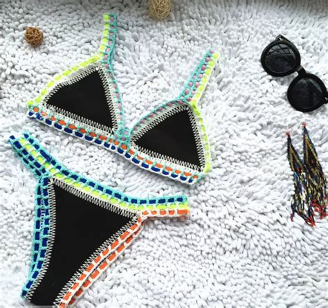 2 Piece Set Crochet Swim Top Bottom Bikini Women Patchwork Swimwear