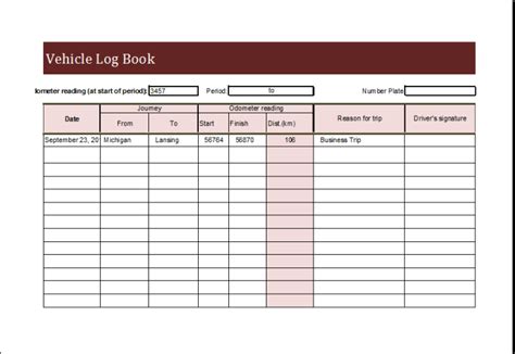 Example of Printable Vehicle Log Book Template | Templateral