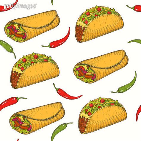 Seamless Pattern With Hand Drawn Mexican Food Chili Pepper Tacos