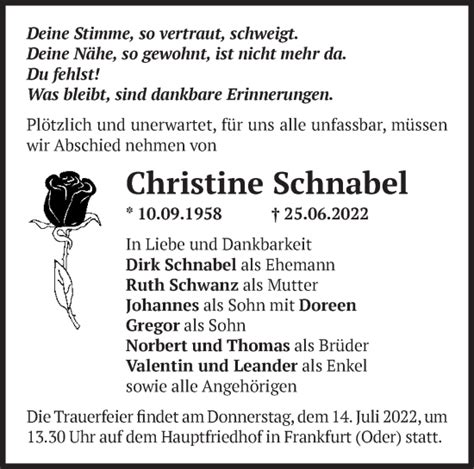 Traueranzeigen Von Christine Schnabel M Rkische Onlinezeitung