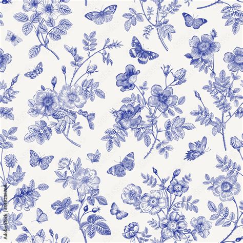 Vintage Floral Illustration Seamless Pattern Wild Roses With