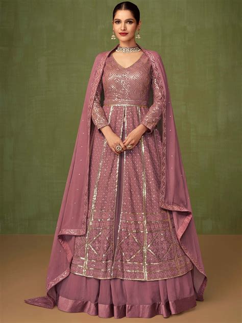 Pink Sequined Indo Western Lehenga Choli In Georgette