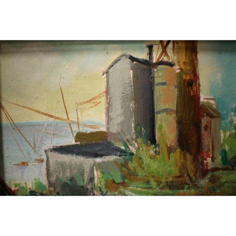 Piccolo Quadro Dipinto Olio Tavola Paesaggio Industriale Marina Porto