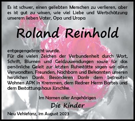 Traueranzeigen Von Roland Reinhold M Rkische Onlinezeitung Trauerportal