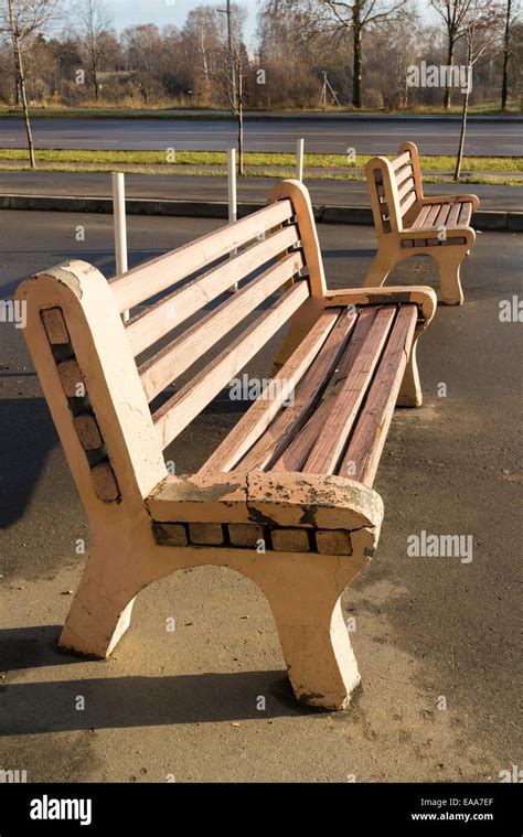 Two wooden benches in the Park Stock Photo - Alamy