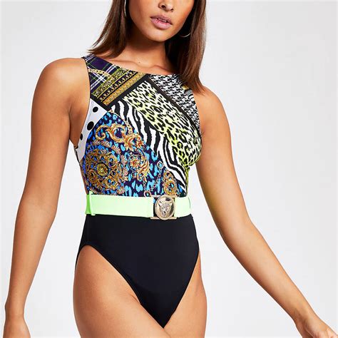 Green Mixed Print Belted High Neck Swimsuit Swimsuits Swimwear And Beachwear Women High