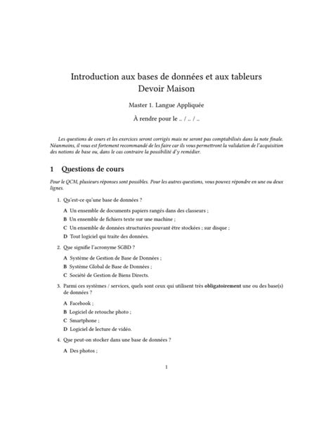 Introduction Aux Bases De Données Et Aux Tableurs Devoir Maison