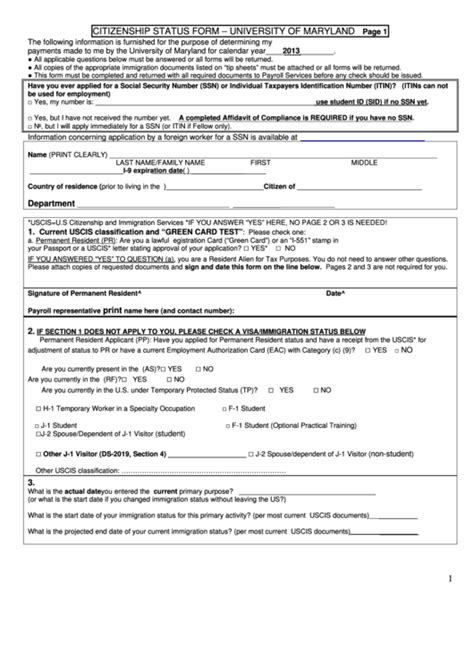 Fillable Citizenship Status Form University Of Maryland Printable Pdf