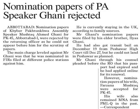 Dawn Epaper Dec Nomination Papers Of Pa Speaker Ghani Rejected