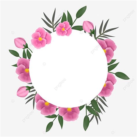 Pink Flowers Arranged Around A White Circle With Green Leaves On The