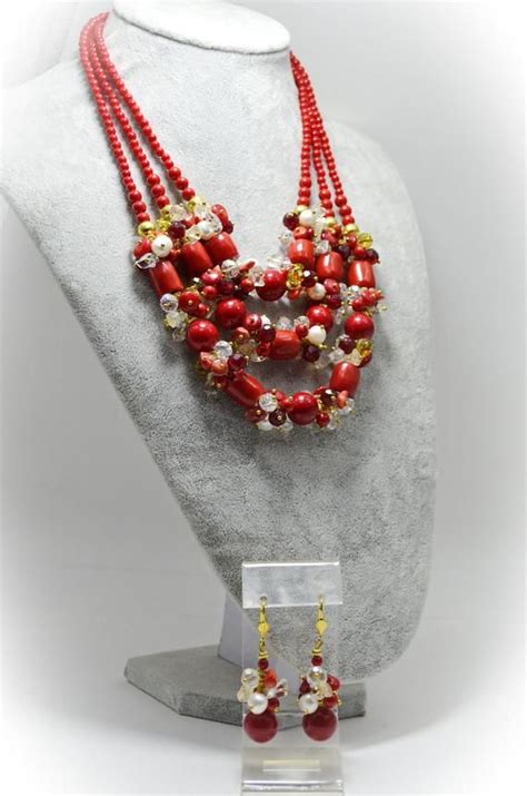 Red Coral Necklace Beaded Natural Coral Pearl Crystal Etsy Red